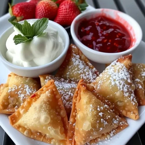Deep-fried strawberry cheesecake stuffed wonton bites on a plate.