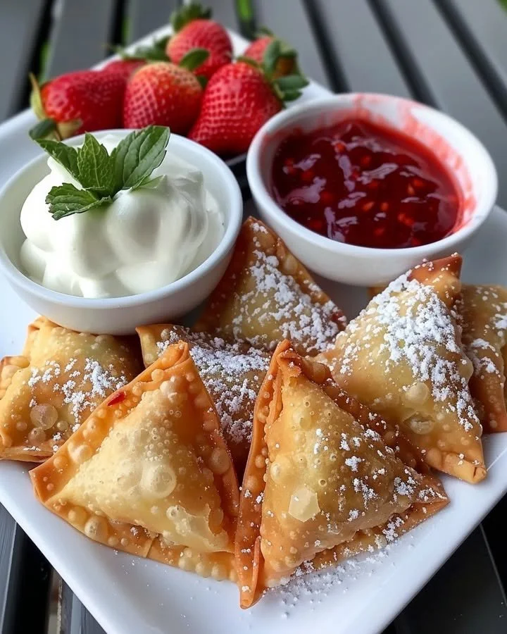 Deep-fried strawberry cheesecake stuffed wonton bites on a plate.