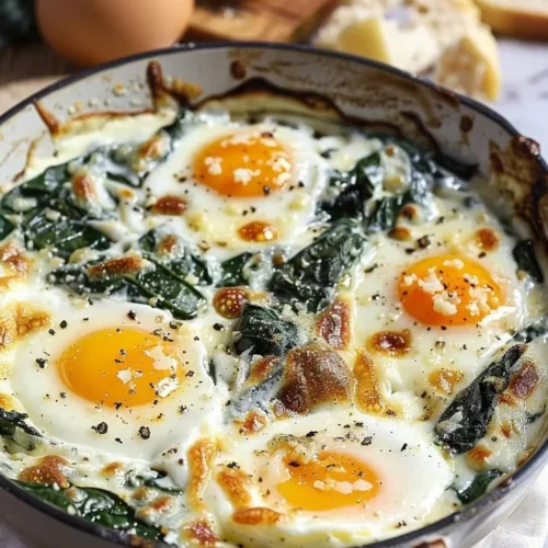 Delicious baked eggs served with lemon and parmesan spinach.
