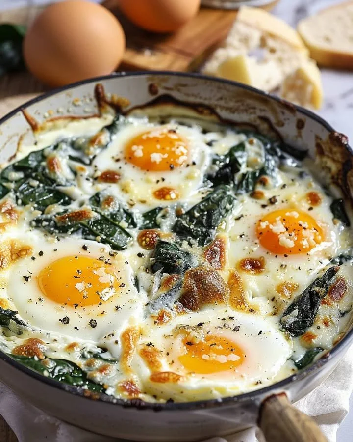 Delicious baked eggs served with lemon and parmesan spinach.