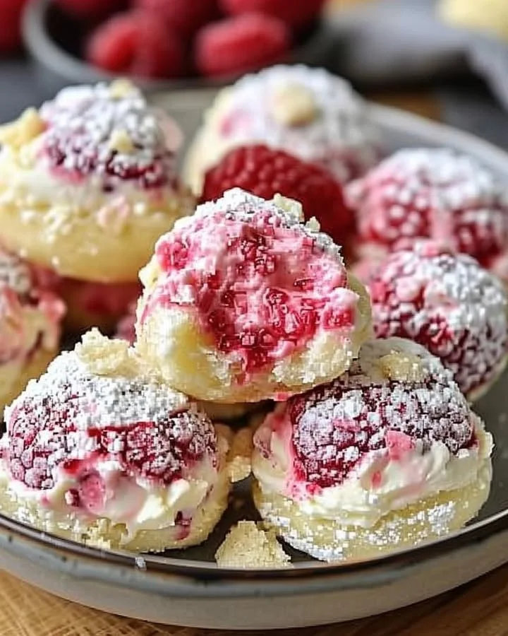 Delicious raspberry cream cheese bites topped with fresh raspberries