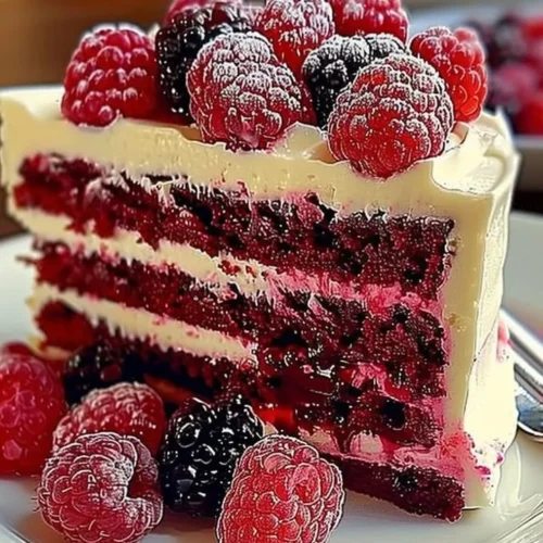 Slice of white chocolate raspberry cake with berries and chocolate decor