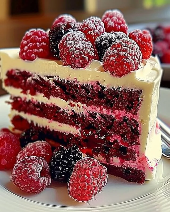 Slice of white chocolate raspberry cake with berries and chocolate decor