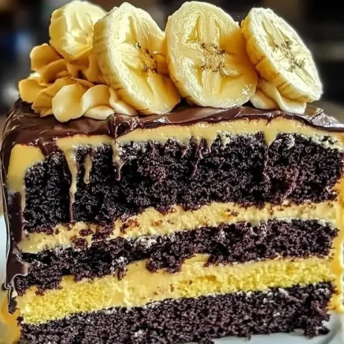 Delicious double chocolate banana layer cake with chocolate frosting and banana slices.