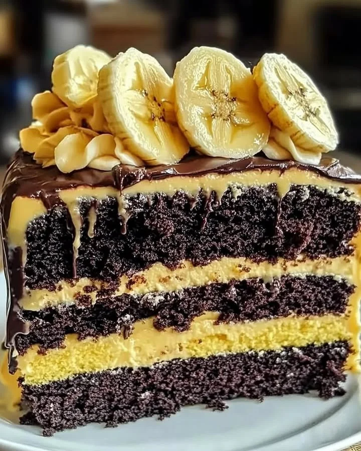 Delicious double chocolate banana layer cake with chocolate frosting and banana slices.
