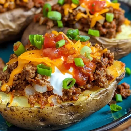 Delicious double stuffed taco potatoes topped with cheese and salsa.