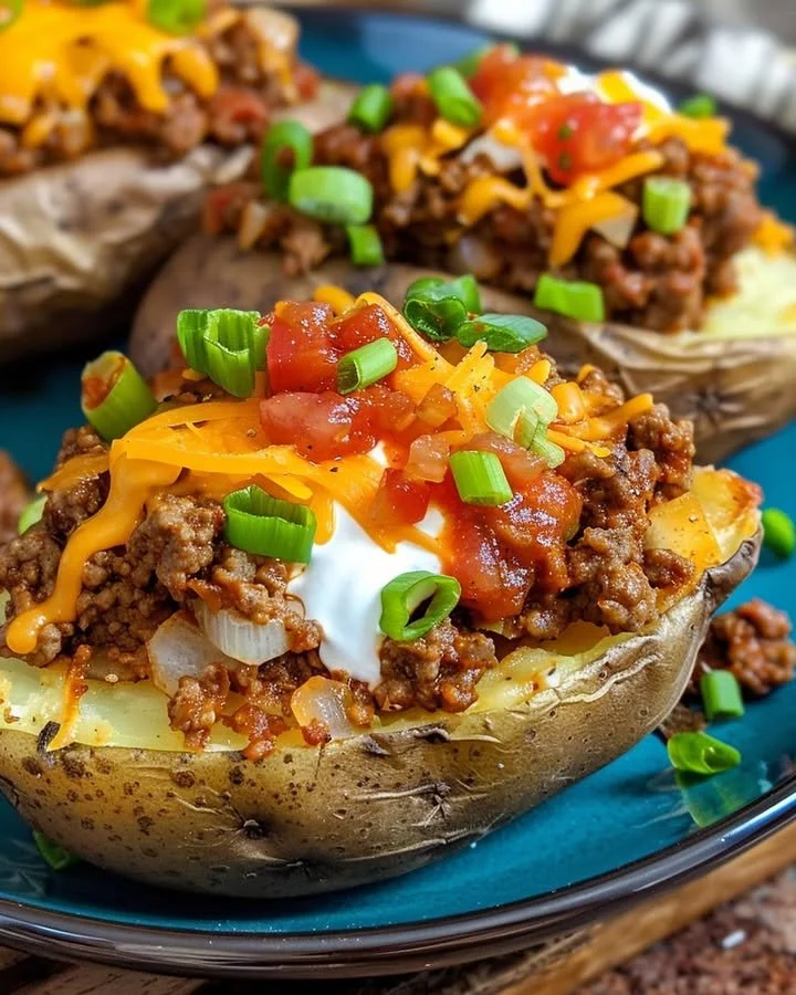 Delicious double stuffed taco potatoes topped with cheese and salsa.