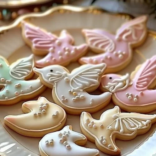 Delicious Dove Sugar Cookies with decorative icing on a plate