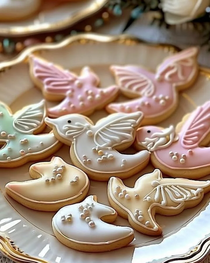 Delicious Dove Sugar Cookies with decorative icing on a plate