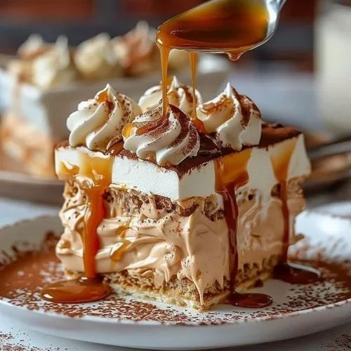 Delicious Dulce de Leche Tiramisu dessert layered with coffee and caramel