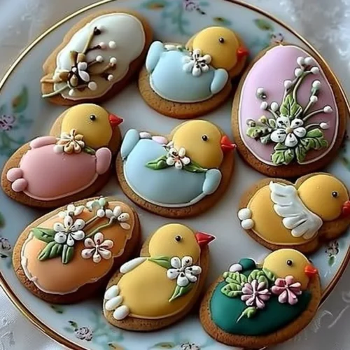 Easter cookies decorated with chick and flower designs ready for celebration