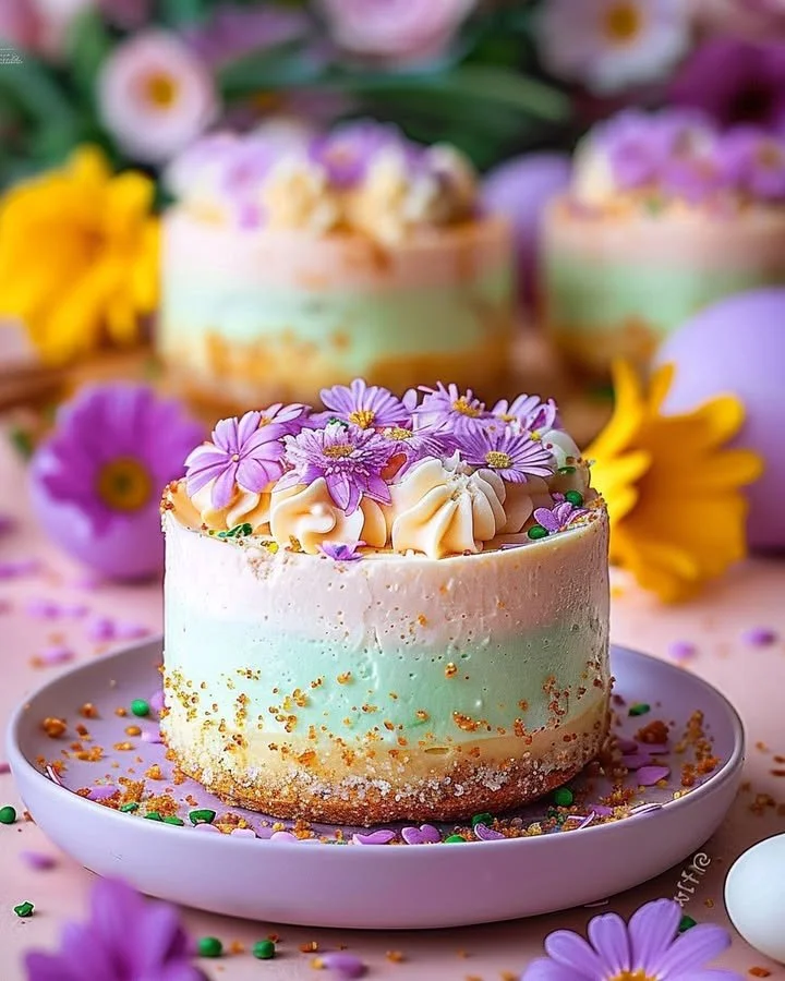 Easter no-bake mini cheesecakes decorated with pastel colors and toppings