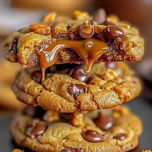 Delicious Butterfinger caramel crunch cookies with chocolate chunks and crunchy bits.