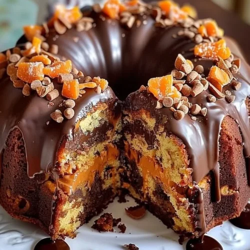 Delicious Butterfinger Chocolate Bundt Cake topped with chocolate and Butterfinger crumbles