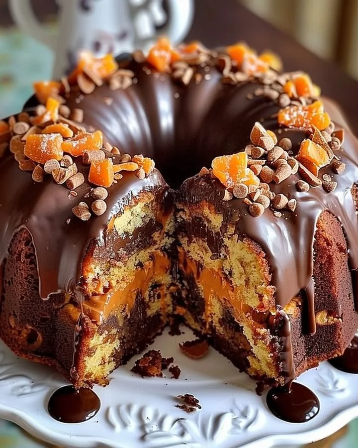 Delicious Butterfinger Chocolate Bundt Cake topped with chocolate and Butterfinger crumbles