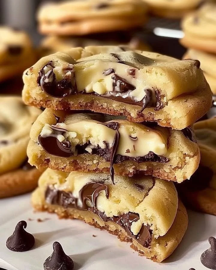 Easy chocolate chip cheesecake stuffed cookies on a plate