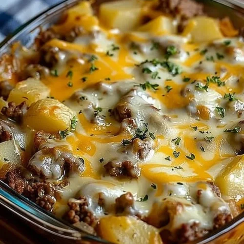 Delicious easy hamburger potato casserole fresh out of the oven