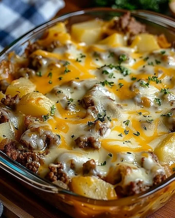 Delicious easy hamburger potato casserole fresh out of the oven