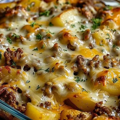 Delicious easy hamburger potato casserole baked with seasoned ground beef and potatoes.