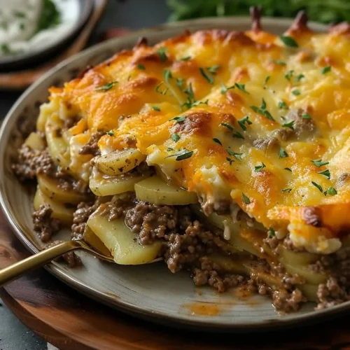Delicious hobo casserole with vegetables and meat baked in a casserole dish