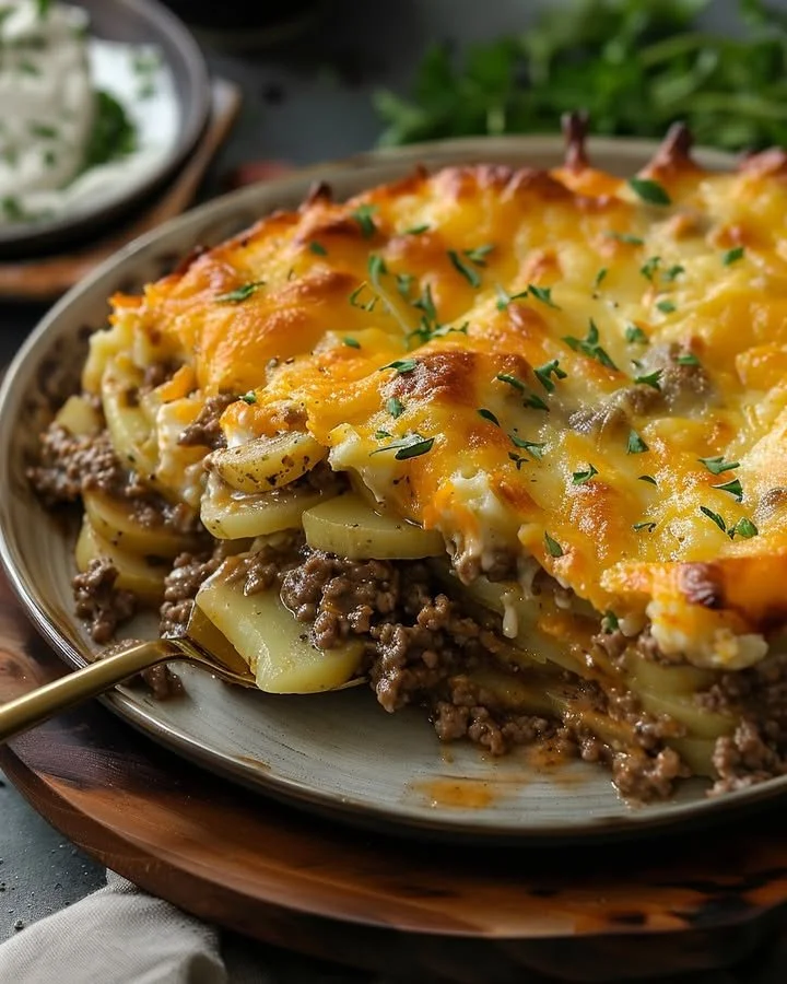Delicious hobo casserole with vegetables and meat baked in a casserole dish