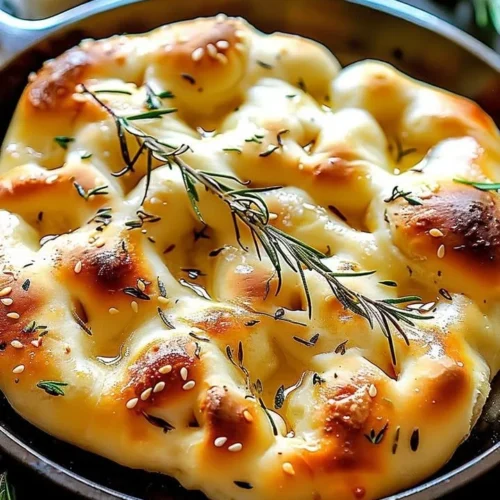 Freshly baked homemade focaccia bread topped with herbs and olive oil.