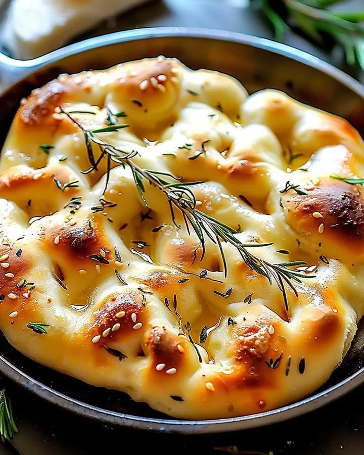 Freshly baked homemade focaccia bread topped with herbs and olive oil.