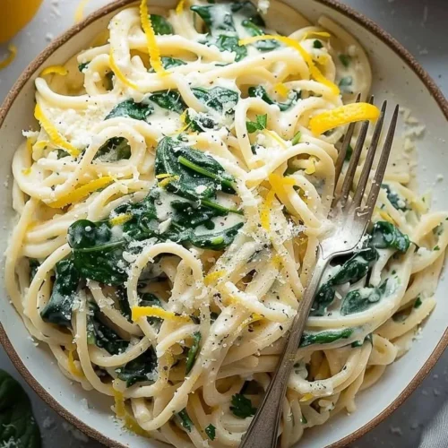 Easy lemon ricotta pasta with spinach on a plate