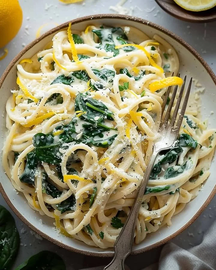 Easy lemon ricotta pasta with spinach on a plate