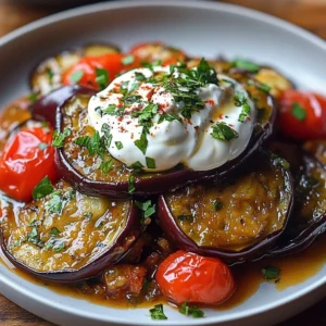 A plate of Eggplant Borani garnished with yogurt and herbs.