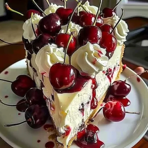 Elegant cherry cheesecake with a glossy cherry topping and graham cracker crust