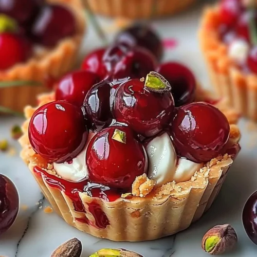 Elegant cherry pistachio tartlets garnished with fresh cherries and pistachios