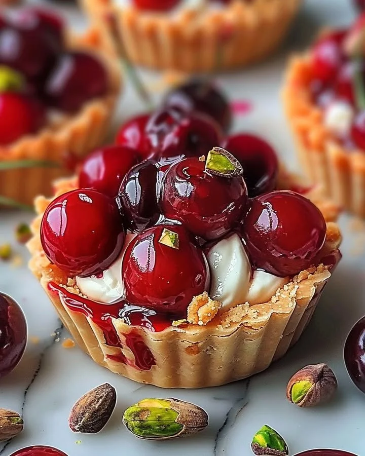 Elegant cherry pistachio tartlets garnished with fresh cherries and pistachios