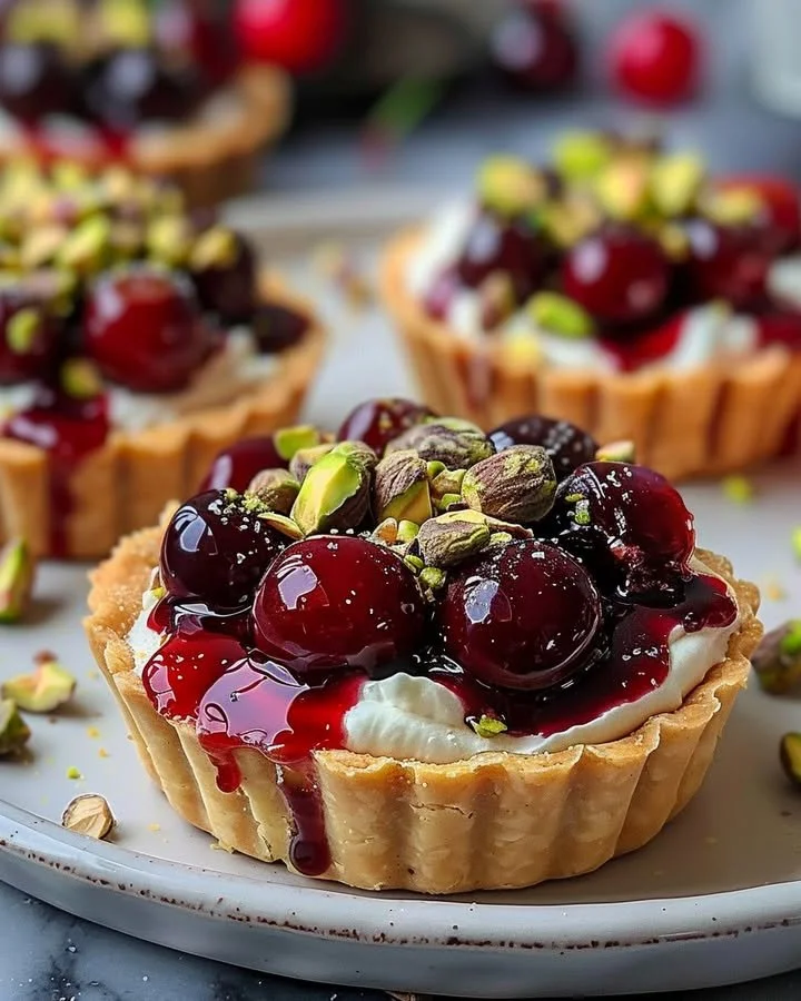 Elegant cherry pistachio tartlets beautifully presented on a plate.