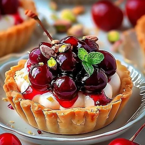 Elegant Cherry Pistachio Tartlets served on a decorative plate