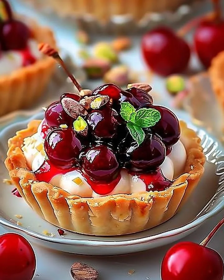 Elegant Cherry Pistachio Tartlets served on a decorative plate