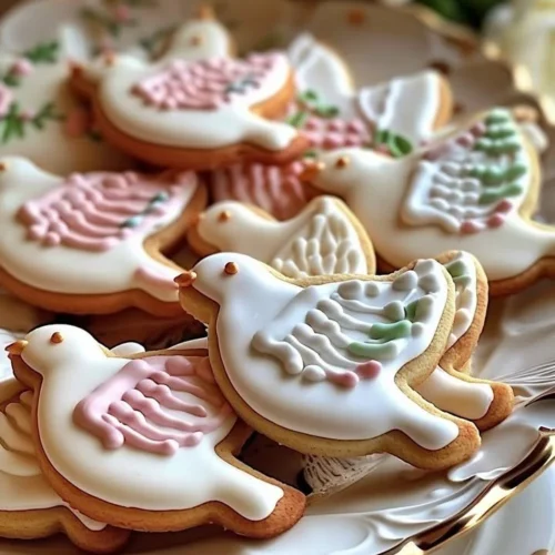 Elegant dove sugar cookies decorated with royal icing for special occasions.