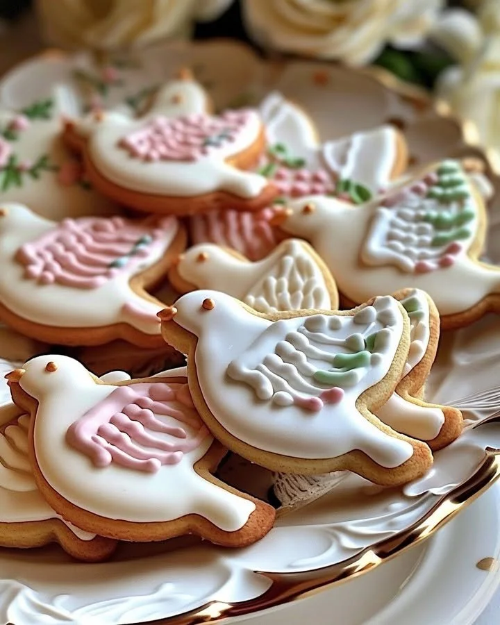 Elegant dove sugar cookies decorated with royal icing for special occasions.