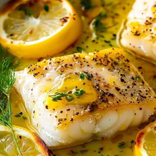 Elegant lemon-butter baked cod served on a plate with lemon slices