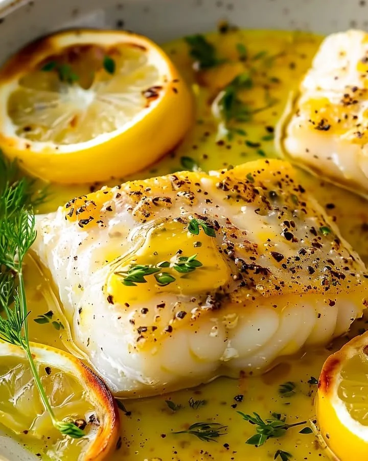 Elegant lemon-butter baked cod served on a plate with lemon slices