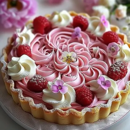 Elegant pink flower tart beautifully decorated for special occasions