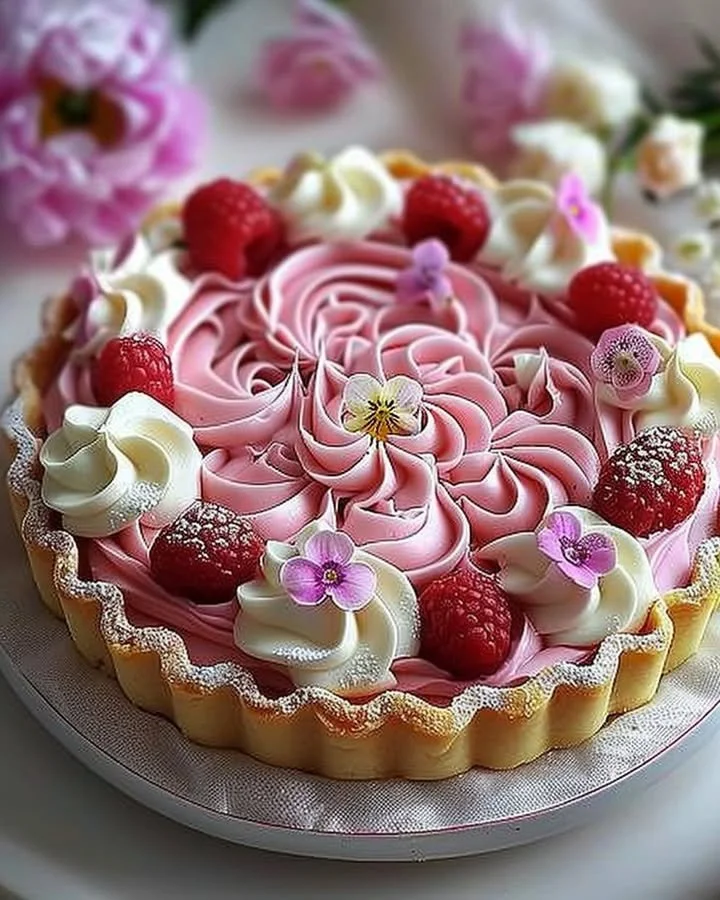 Elegant pink flower tart beautifully decorated for special occasions