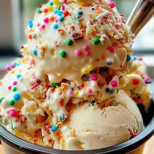 Festive birthday cake ice cream with sprinkles and cake crumbles