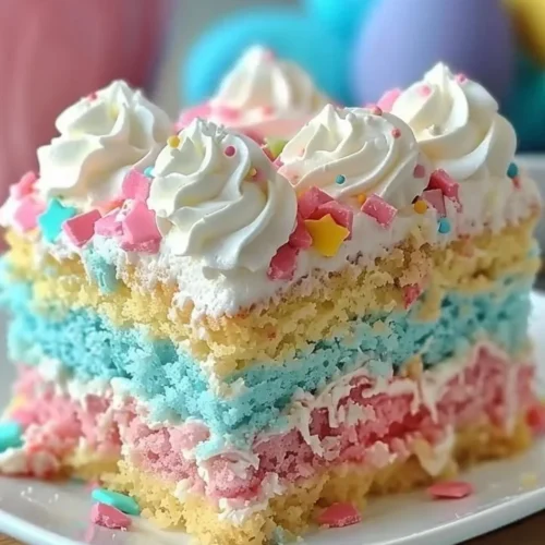 Easter Bunny Poke Cake topped with creamy frosting and festive decorations