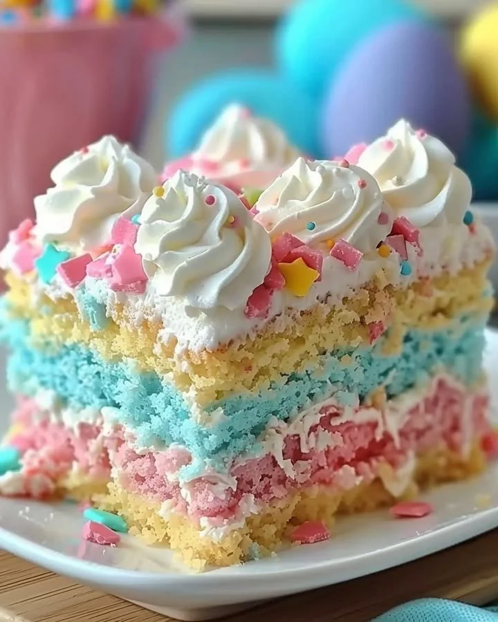 Easter Bunny Poke Cake topped with creamy frosting and festive decorations