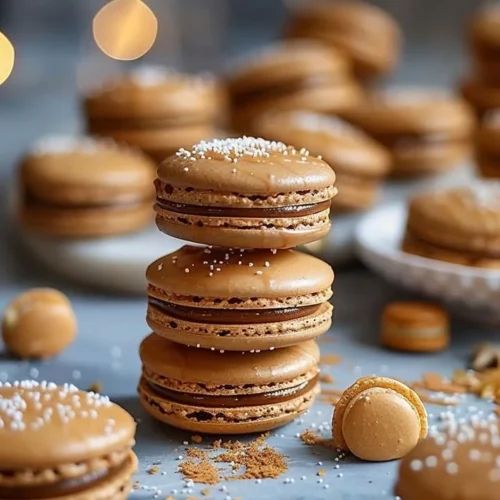 Festive gingerbread macarons with spiced caramel drizzle on a decorative plate