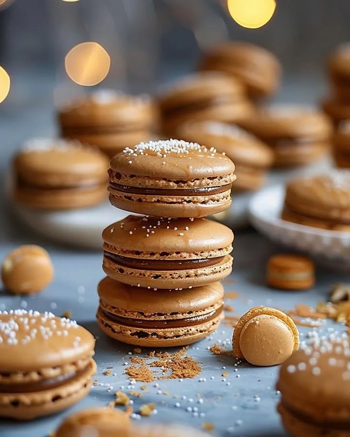Festive gingerbread macarons with spiced caramel drizzle on a decorative plate