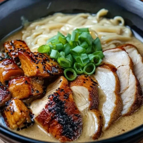 Fiery Chicken Ramen bowl with creamy garlic sauce and fresh toppings