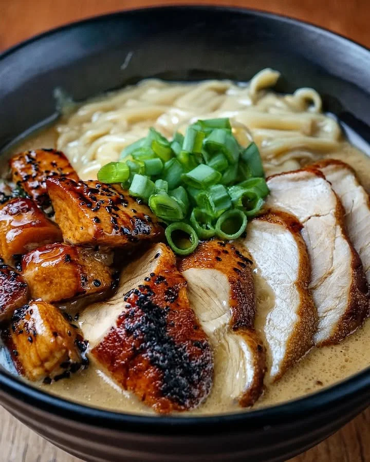 Fiery chicken ramen served with creamy garlic sauce and fresh herbs
