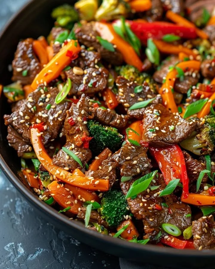 Delicious beef stir fry with colorful vegetables and savory sauce.